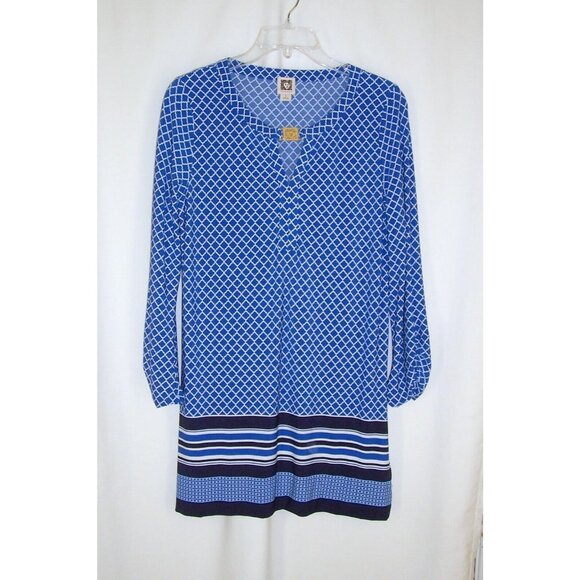 Anne Klein Blue Retro Shift Dress 4 Geometric Keyhole Neck Long Sleeve Stretch - Picture 7 of 11